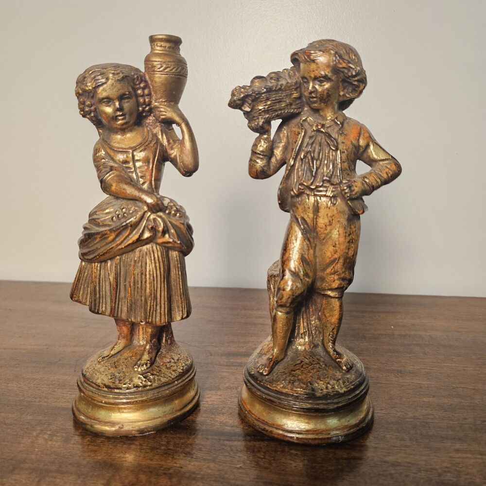 Pair Vintage Gold Borghese Boy Girl Figurines Hollywood Regency Old World 9”